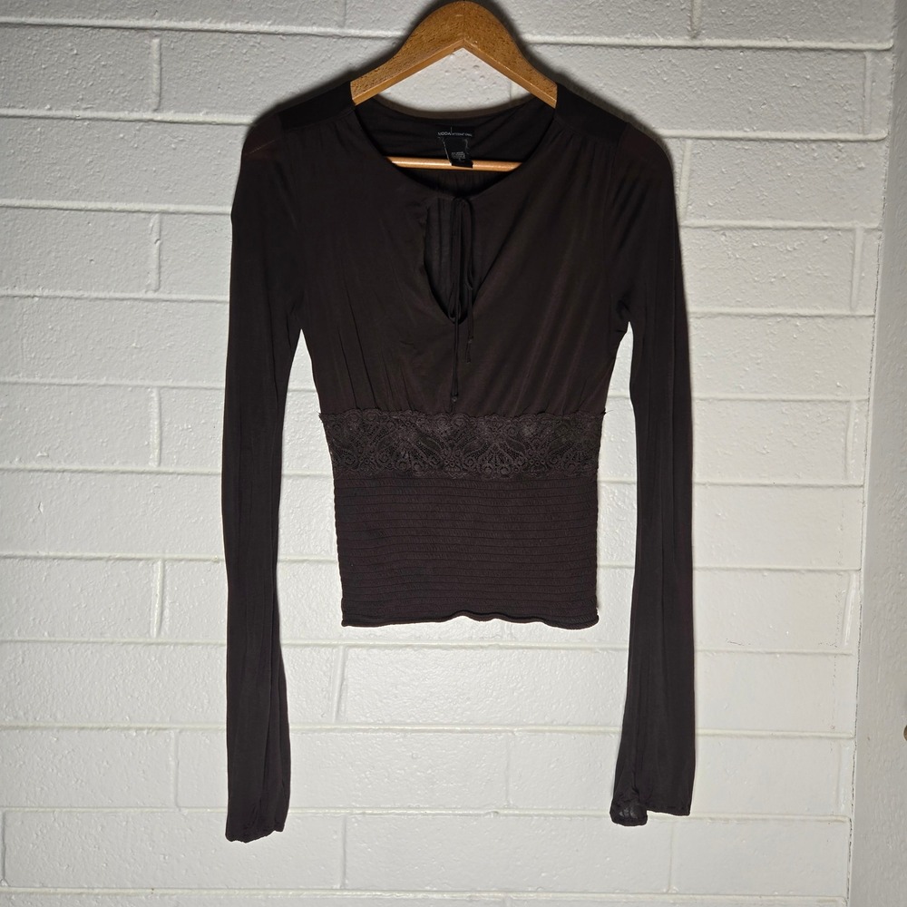 Vtg Y2K Moda International Brown Long Sleeve Top Small Lace Smocked Fairy Grunge